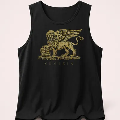 Distressed gold winged lion emblem with Venezia text printed in white — printed on a tank top