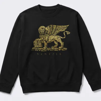 Distressed gold winged lion emblem with Venezia text printed in white — printed on a unisex sweatshirt