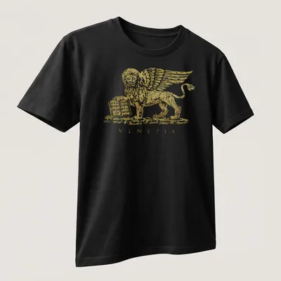 Distressed gold winged lion emblem with Venezia text printed in white — printed on a unisex t-shirt (angled view)