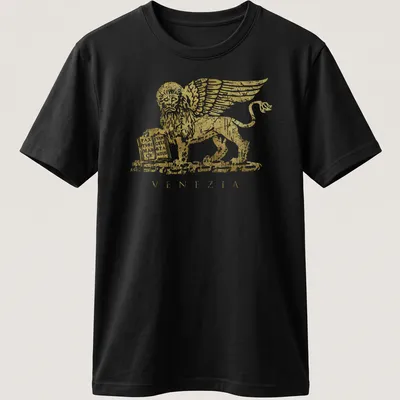 Distressed gold winged lion emblem with Venezia text printed in white — printed on a unisex t-shirt