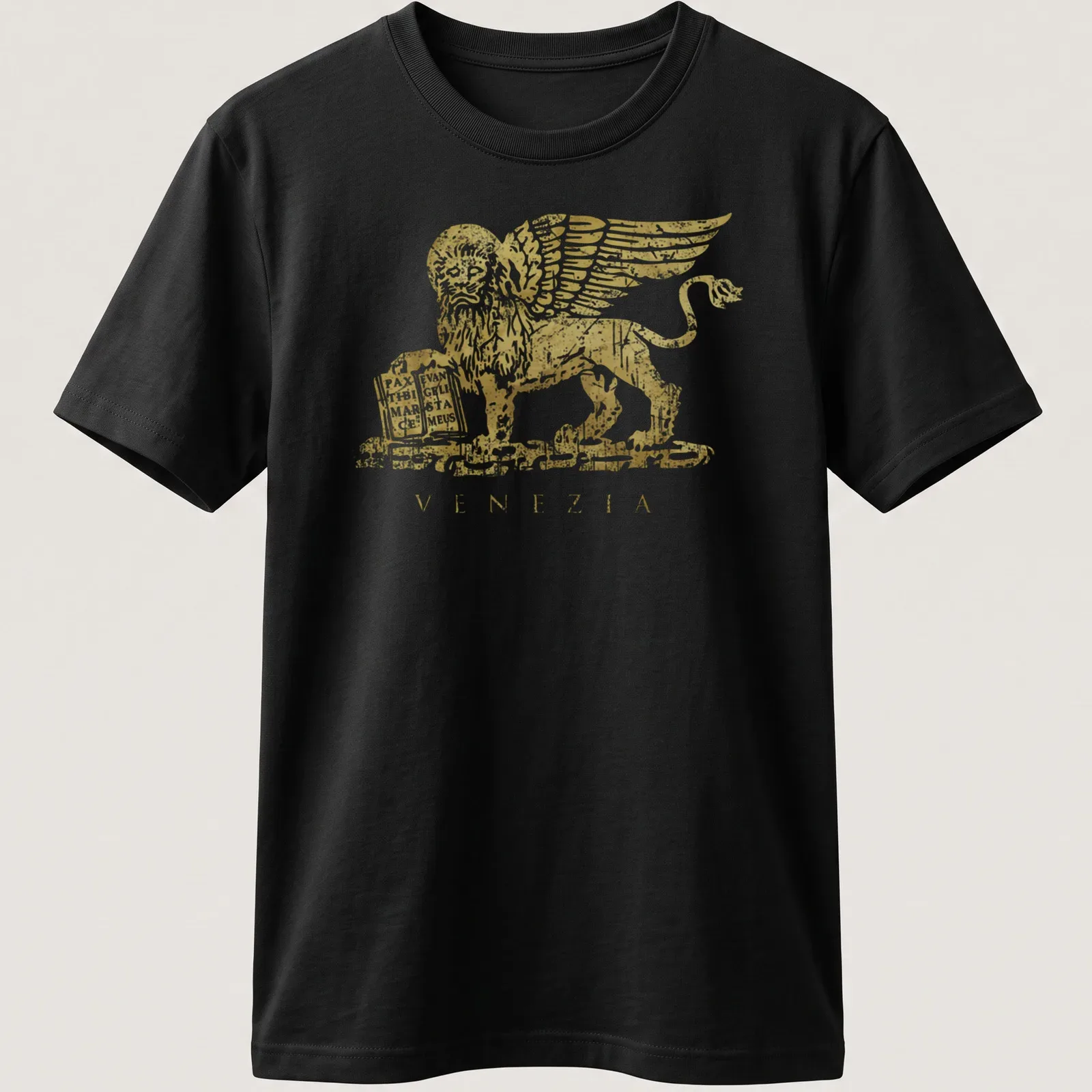 Distressed gold winged lion emblem with Venezia text printed in white — printed on a unisex t-shirt