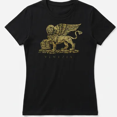 Distressed gold winged lion emblem with Venezia text printed in white — printed on a women's shirt