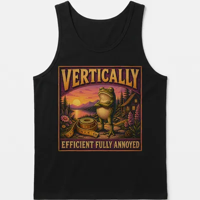 Vintage illustrated t-shirt featuring a frustrated cartoon frog with humorous text — printed on a tank top