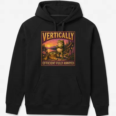 Vintage illustrated t-shirt featuring a frustrated cartoon frog with humorous text — printed on a unisex hoodie