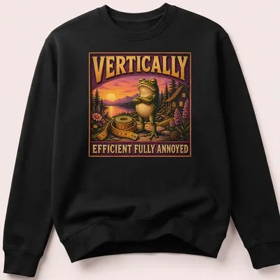Vintage illustrated t-shirt featuring a frustrated cartoon frog with humorous text — printed on a unisex sweatshirt
