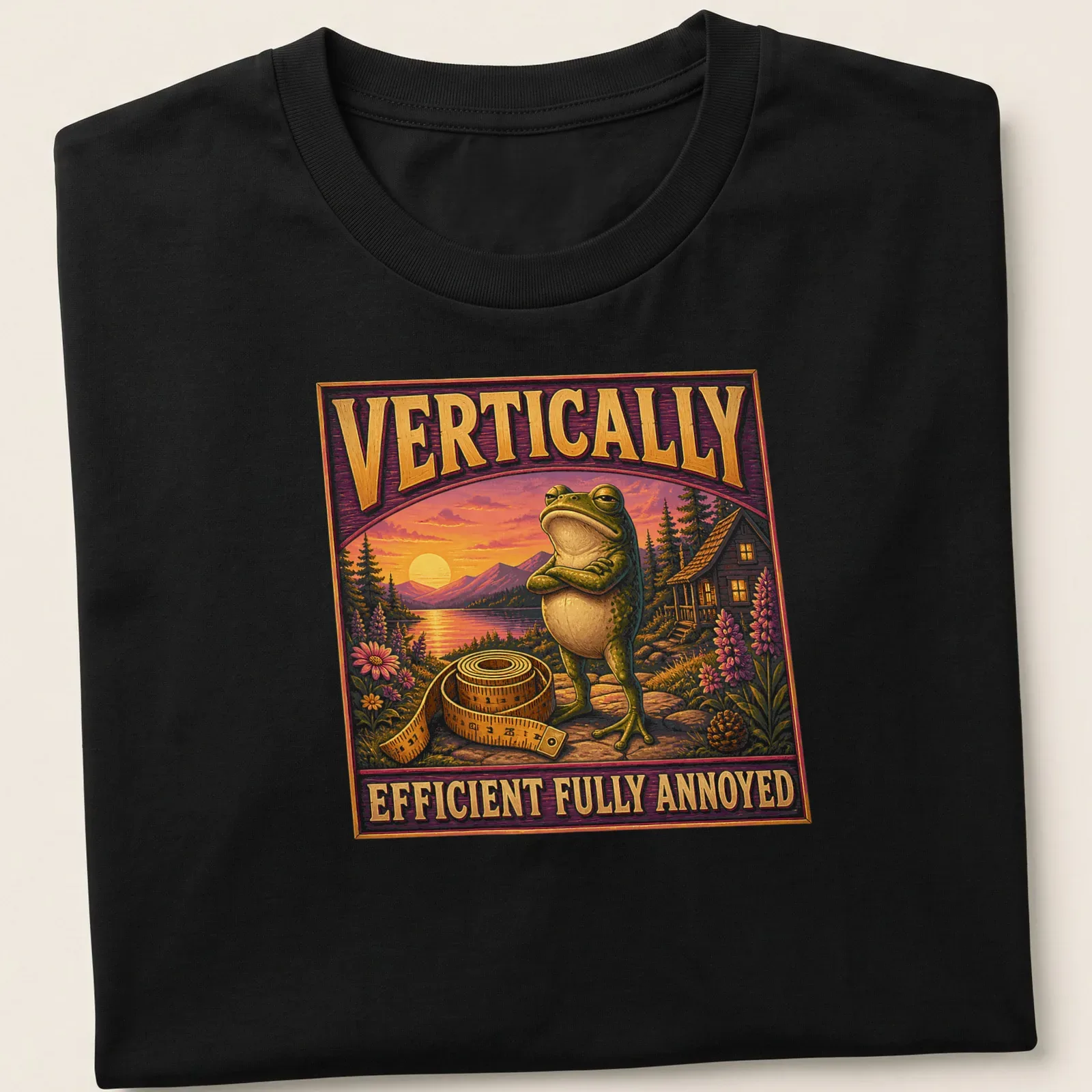 Vintage illustrated t-shirt featuring a frustrated cartoon frog with humorous text — printed on a unisex t-shirt