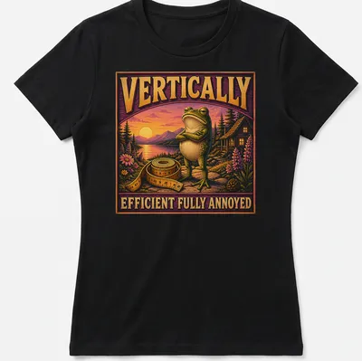 Vintage illustrated t-shirt featuring a frustrated cartoon frog with humorous text — printed on a women's shirt