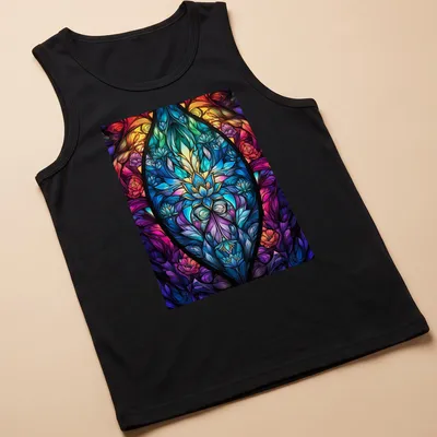 Floral stained glass mandala design featuring vibrant colors of nature — printed on a tank top