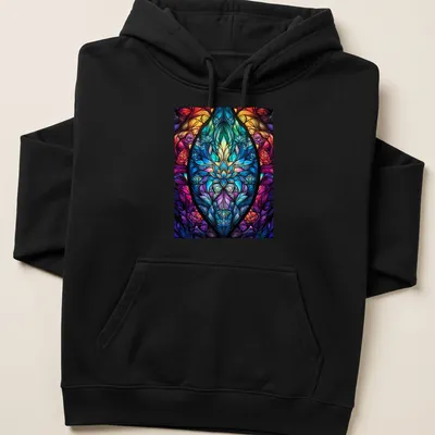 Floral stained glass mandala design featuring vibrant colors of nature — printed on a unisex hoodie