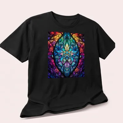 Floral stained glass mandala design featuring vibrant colors of nature — printed on a unisex t-shirt (angled view)