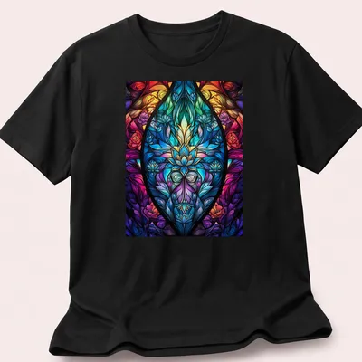 Floral stained glass mandala design featuring vibrant colors of nature — printed on a unisex t-shirt
