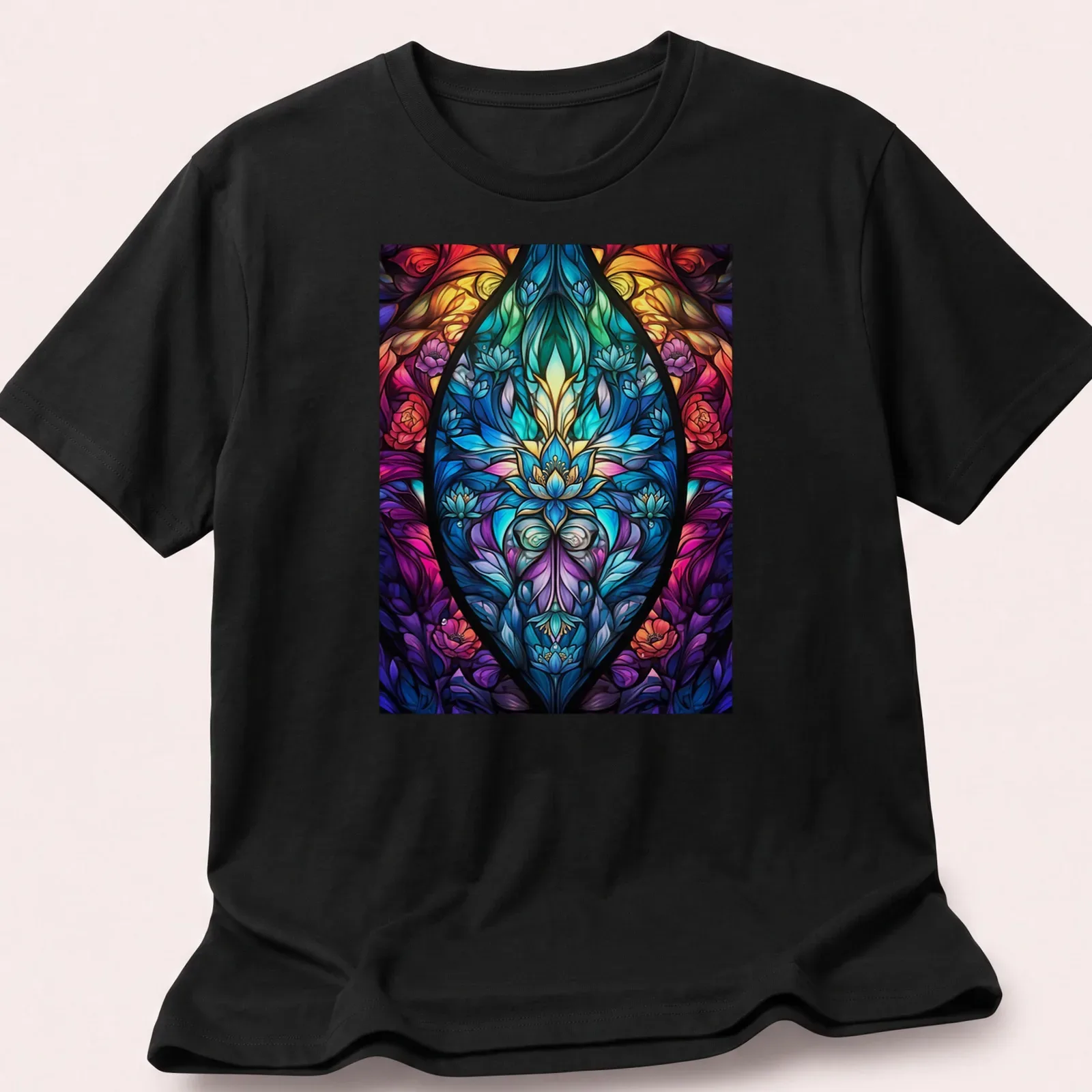 Floral stained glass mandala design featuring vibrant colors of nature — printed on a unisex t-shirt