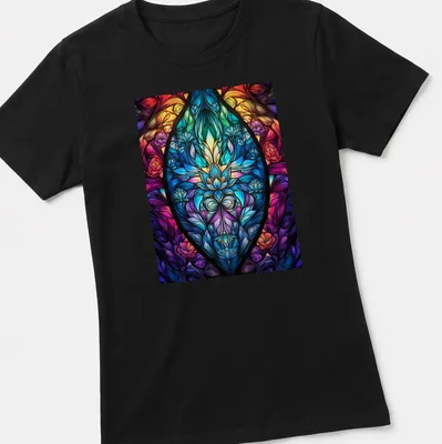 Floral stained glass mandala design featuring vibrant colors of nature — printed on a women's shirt