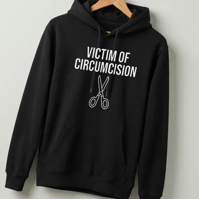 Bold text 'Victim Of Circumcision' with scissors graphic in white. — printed on a unisex hoodie