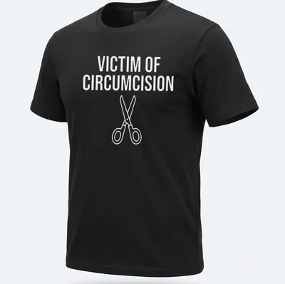 Bold text 'Victim Of Circumcision' with scissors graphic in white.