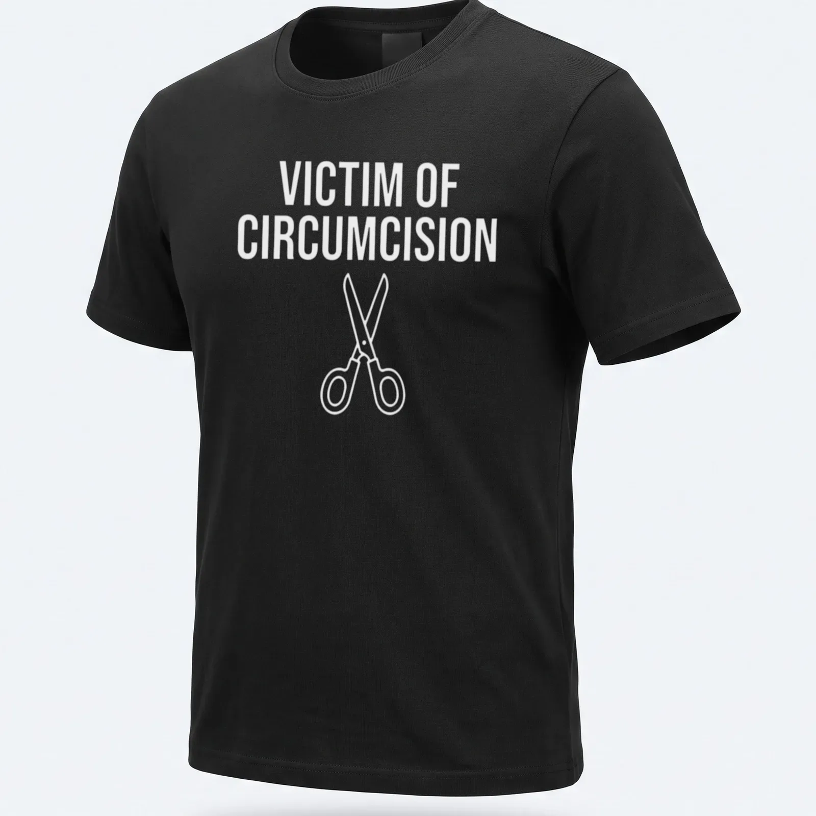 Bold text 'Victim Of Circumcision' with scissors graphic in white. — printed on a unisex t-shirt