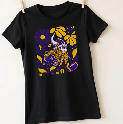 Retro floral design featuring a Viking with a braided beard in vivid colors — printed on a women's shirt