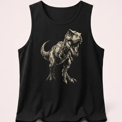 Vintage sketch of a T-Rex dinosaur in beige, white, and black — printed on a tank top