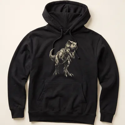 Vintage sketch of a T-Rex dinosaur in beige, white, and black — printed on a unisex hoodie