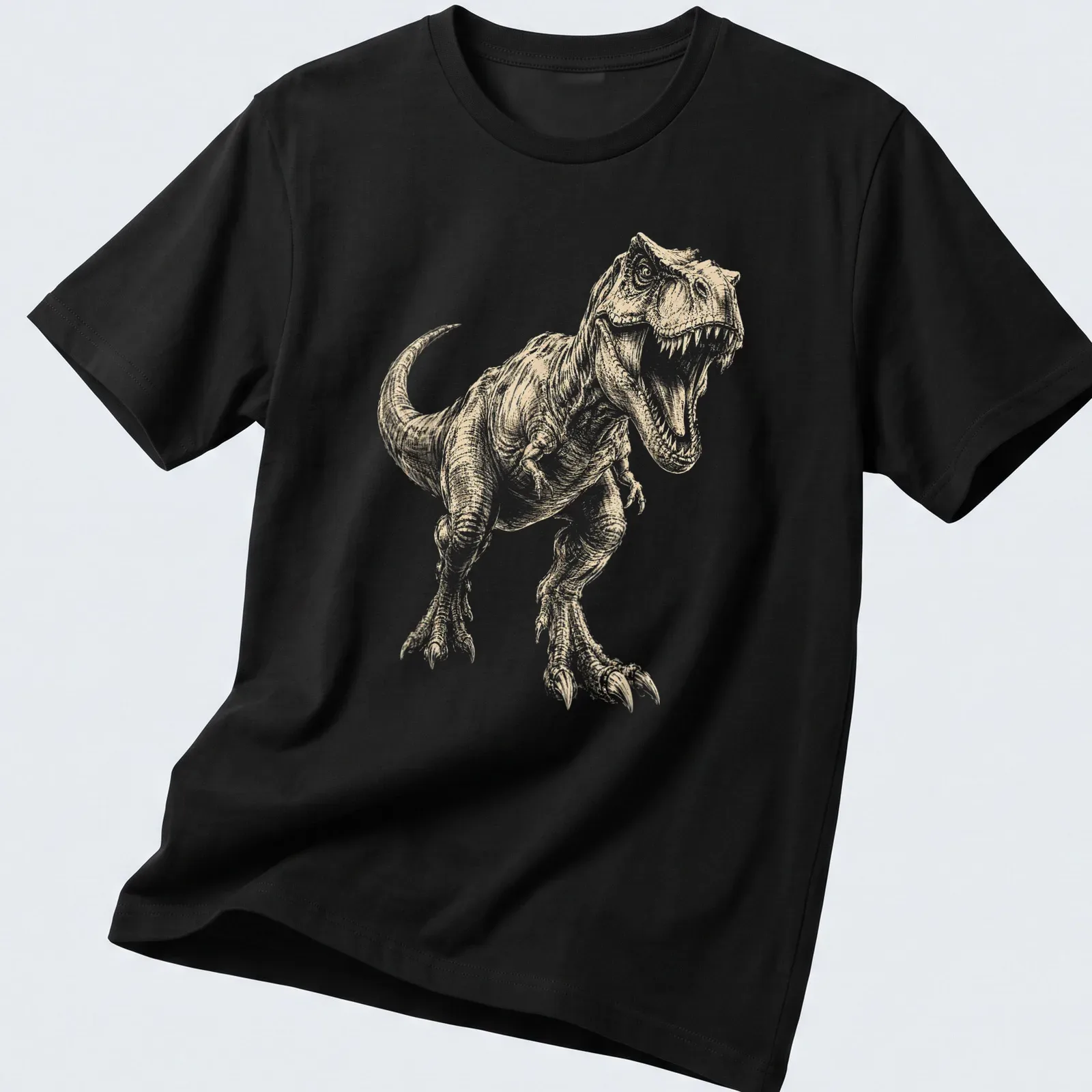 Vintage sketch of a T-Rex dinosaur in beige, white, and black — printed on a unisex t-shirt