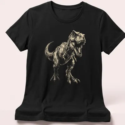 Vintage sketch of a T-Rex dinosaur in beige, white, and black — printed on a women's shirt