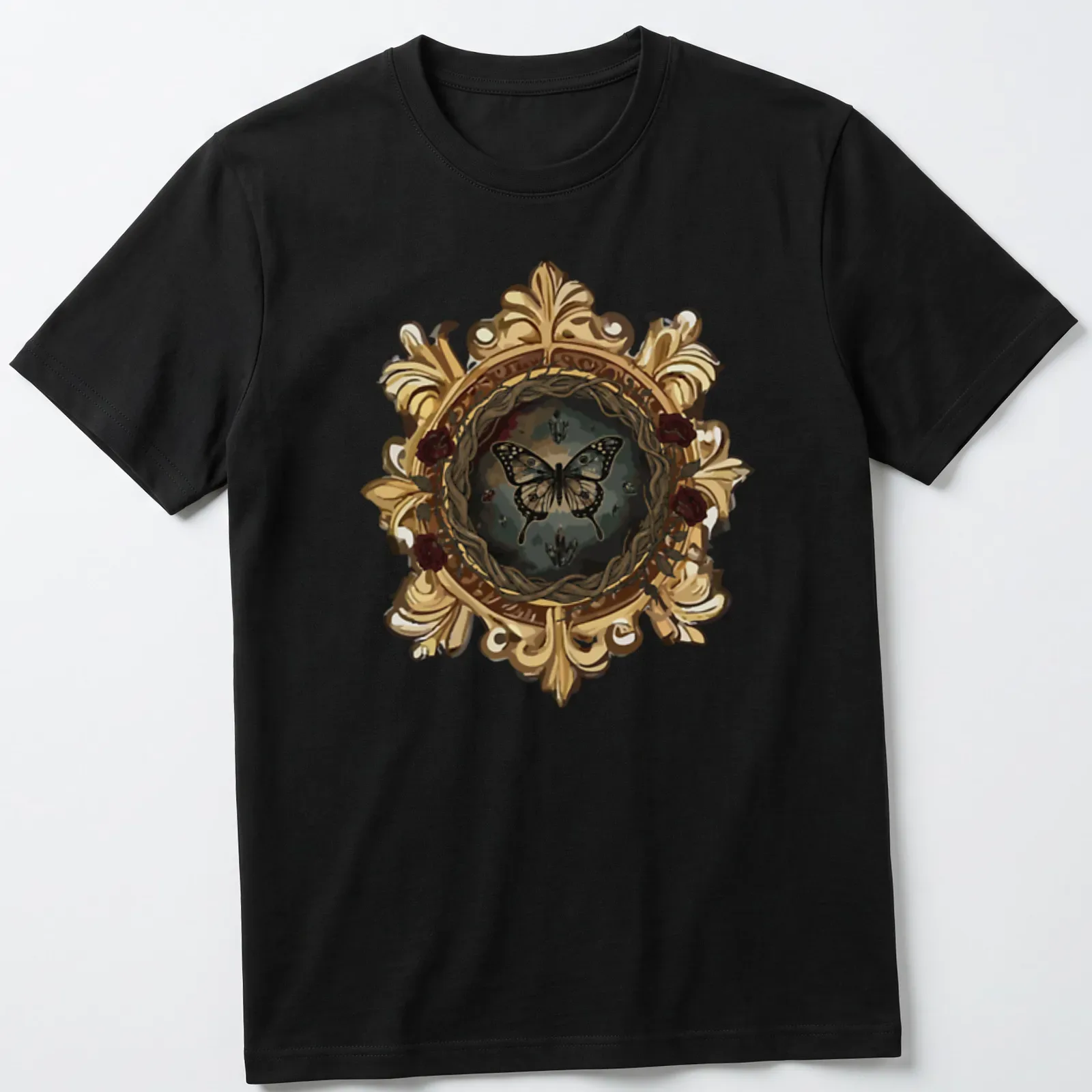 Gothic butterfly in a decorative frame with vintage style artwork — printed on a unisex t-shirt