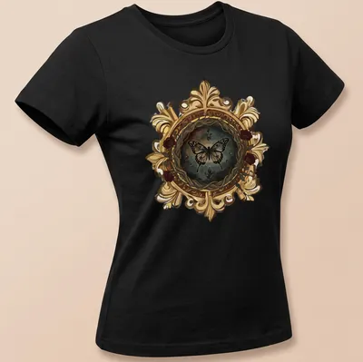 Gothic butterfly in a decorative frame with vintage style artwork — printed on a women's shirt