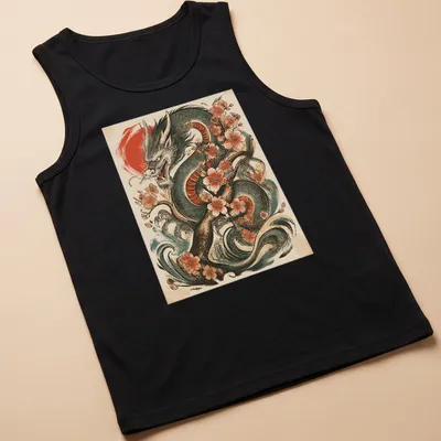 Vintage tattoo style T-shirt featuring a Japanese dragon and cherry blossoms in vivid colors — printed on a tank top