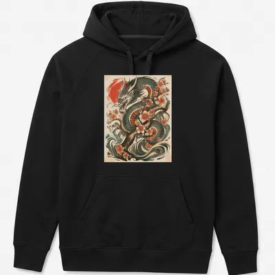 Vintage tattoo style T-shirt featuring a Japanese dragon and cherry blossoms in vivid colors — printed on a unisex hoodie
