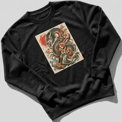 Vintage tattoo style T-shirt featuring a Japanese dragon and cherry blossoms in vivid colors — printed on a unisex sweatshirt