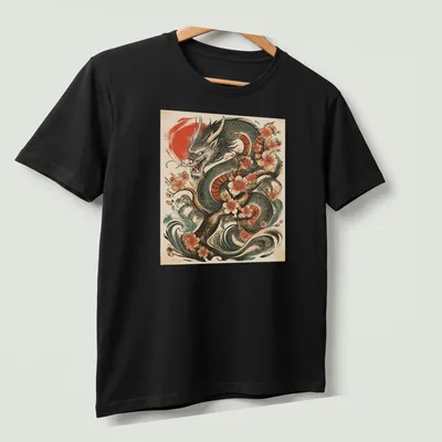Vintage tattoo style T-shirt featuring a Japanese dragon and cherry blossoms in vivid colors — printed on a unisex t-shirt (angled view)