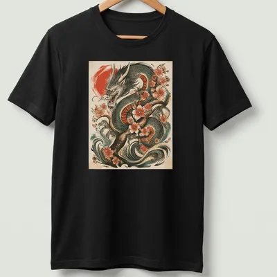 Vintage tattoo style T-shirt featuring a Japanese dragon and cherry blossoms in vivid colors
