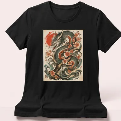 Vintage tattoo style T-shirt featuring a Japanese dragon and cherry blossoms in vivid colors — printed on a women's shirt