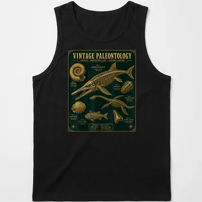 Vintage paleontology shirt featuring Ichthyosaurus and fossils in dark green and gold — printed on a tank top