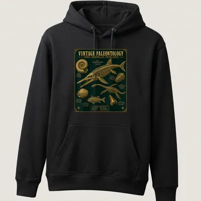 Vintage paleontology shirt featuring Ichthyosaurus and fossils in dark green and gold — printed on a unisex hoodie
