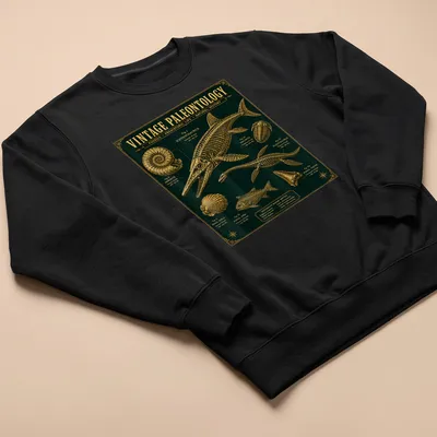 Vintage paleontology shirt featuring Ichthyosaurus and fossils in dark green and gold — printed on a unisex sweatshirt