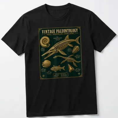 Vintage paleontology shirt featuring Ichthyosaurus and fossils in dark green and gold — printed on a unisex t-shirt