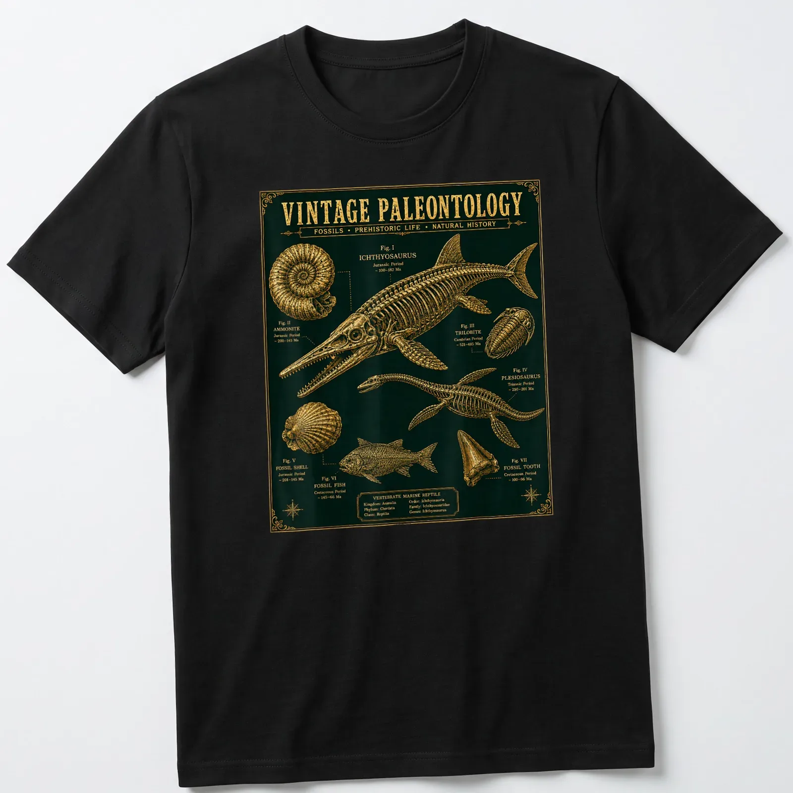 Vintage paleontology shirt featuring Ichthyosaurus and fossils in dark green and gold — printed on a unisex t-shirt