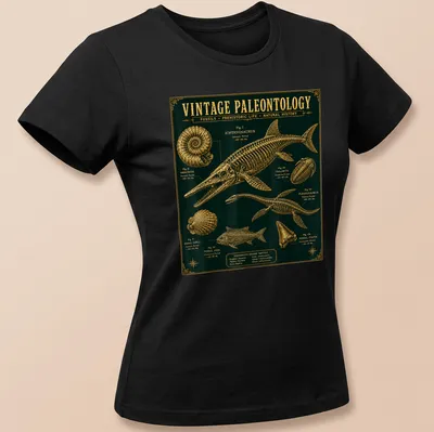 Vintage paleontology shirt featuring Ichthyosaurus and fossils in dark green and gold — printed on a women's shirt