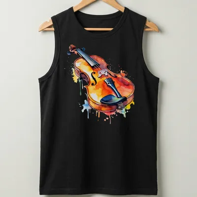 Watercolor print of a violin with colorful splashes in orange, blue, and yellow — printed on a tank top