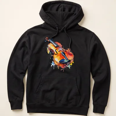 Watercolor print of a violin with colorful splashes in orange, blue, and yellow — printed on a unisex hoodie