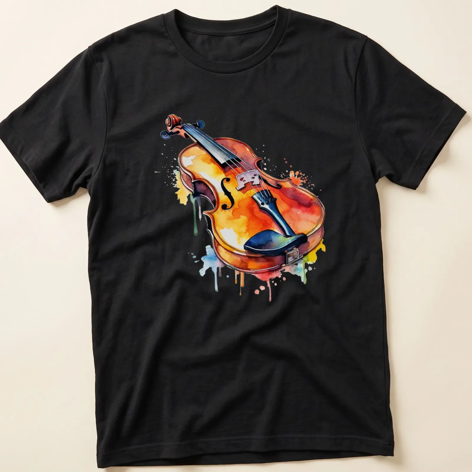 Watercolor print of a violin with colorful splashes in orange, blue, and yellow — printed on a unisex t-shirt