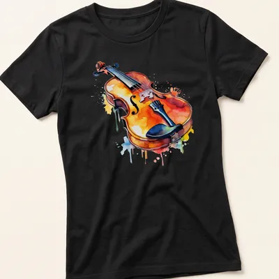 Watercolor print of a violin with colorful splashes in orange, blue, and yellow — printed on a women's shirt