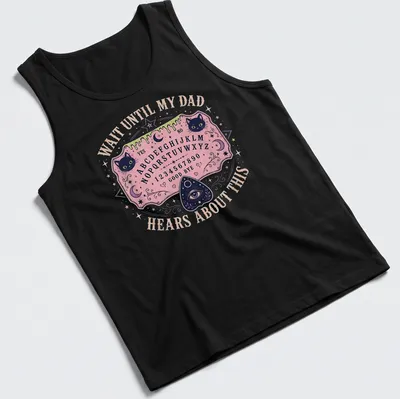 Whimsical T-shirt design featuring Ouija board and playful cats with humorous text. — printed on a tank top