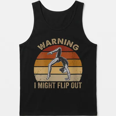 Retro gymnastics tee with a girl flipping and humorous warning text — printed on a tank top