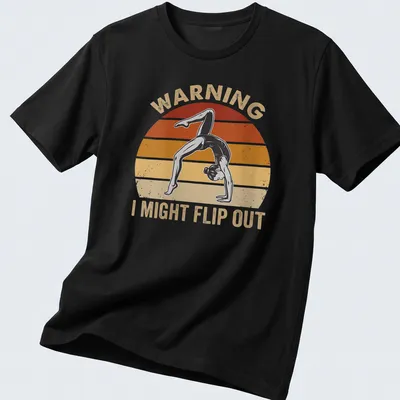 Retro gymnastics tee with a girl flipping and humorous warning text