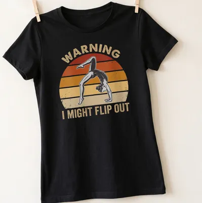Retro gymnastics tee with a girl flipping and humorous warning text — printed on a women's shirt
