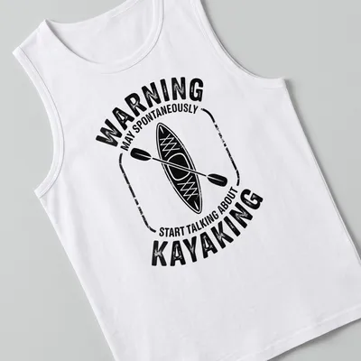 Vintage distressed shirt with humorous warning about talking kayaking — printed on a tank top