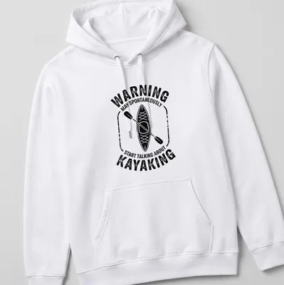 Vintage distressed shirt with humorous warning about talking kayaking — printed on a unisex hoodie