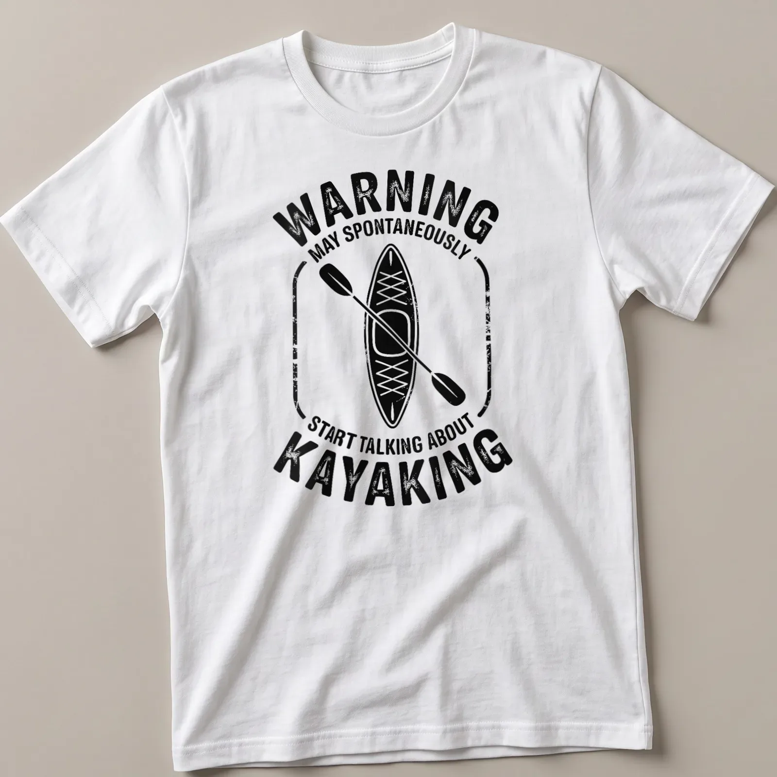Vintage distressed shirt with humorous warning about talking kayaking — printed on a unisex t-shirt